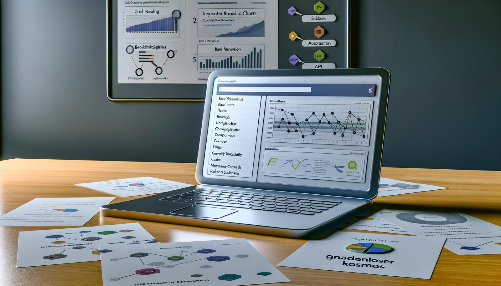 Stilisierte Szene eines modernen SEO-Arbeitsplatzes mit Laptop, der rohe Datenanalysen, Rankings und Backlinks anzeigt, umgeben von Notizen zu Workflow und Integration in einem sachlichen Umfeld.