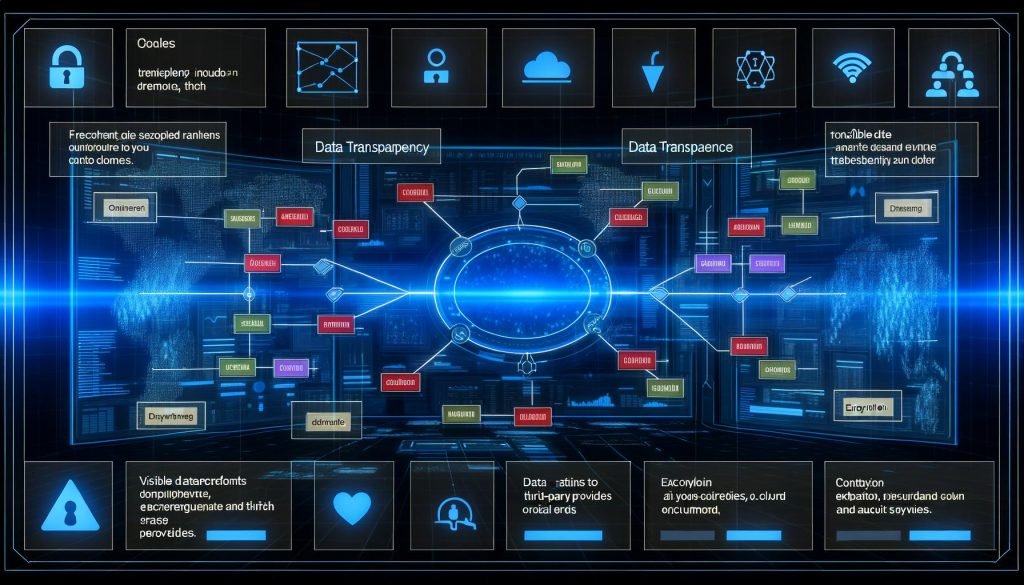Dunkelblaues High-Tech-Interface mit offenem Dashboard zeigt komplexes, transparentes Datentransparenz-Framework, markierte Datenpunkte und sichtbare Datenflüsse zu Cloud, Drittanbietern und internen Systemen; Nutzer kontrolliert Daten mit Export- und Löschoptionen im Vordergrund.