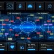 Dunkelblaues High-Tech-Interface mit offenem Dashboard zeigt komplexes, transparentes Datentransparenz-Framework, markierte Datenpunkte und sichtbare Datenflüsse zu Cloud, Drittanbietern und internen Systemen; Nutzer kontrolliert Daten mit Export- und Löschoptionen im Vordergrund.