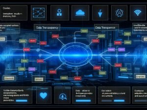 Dunkelblaues High-Tech-Interface mit offenem Dashboard zeigt komplexes, transparentes Datentransparenz-Framework, markierte Datenpunkte und sichtbare Datenflüsse zu Cloud, Drittanbietern und internen Systemen; Nutzer kontrolliert Daten mit Export- und Löschoptionen im Vordergrund.