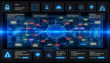 Dunkelblaues High-Tech-Interface mit offenem Dashboard zeigt komplexes, transparentes Datentransparenz-Framework, markierte Datenpunkte und sichtbare Datenflüsse zu Cloud, Drittanbietern und internen Systemen; Nutzer kontrolliert Daten mit Export- und Löschoptionen im Vordergrund.