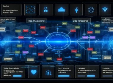 Dunkelblaues High-Tech-Interface mit offenem Dashboard zeigt komplexes, transparentes Datentransparenz-Framework, markierte Datenpunkte und sichtbare Datenflüsse zu Cloud, Drittanbietern und internen Systemen; Nutzer kontrolliert Daten mit Export- und Löschoptionen im Vordergrund.