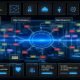 Dunkelblaues High-Tech-Interface mit offenem Dashboard zeigt komplexes, transparentes Datentransparenz-Framework, markierte Datenpunkte und sichtbare Datenflüsse zu Cloud, Drittanbietern und internen Systemen; Nutzer kontrolliert Daten mit Export- und Löschoptionen im Vordergrund.