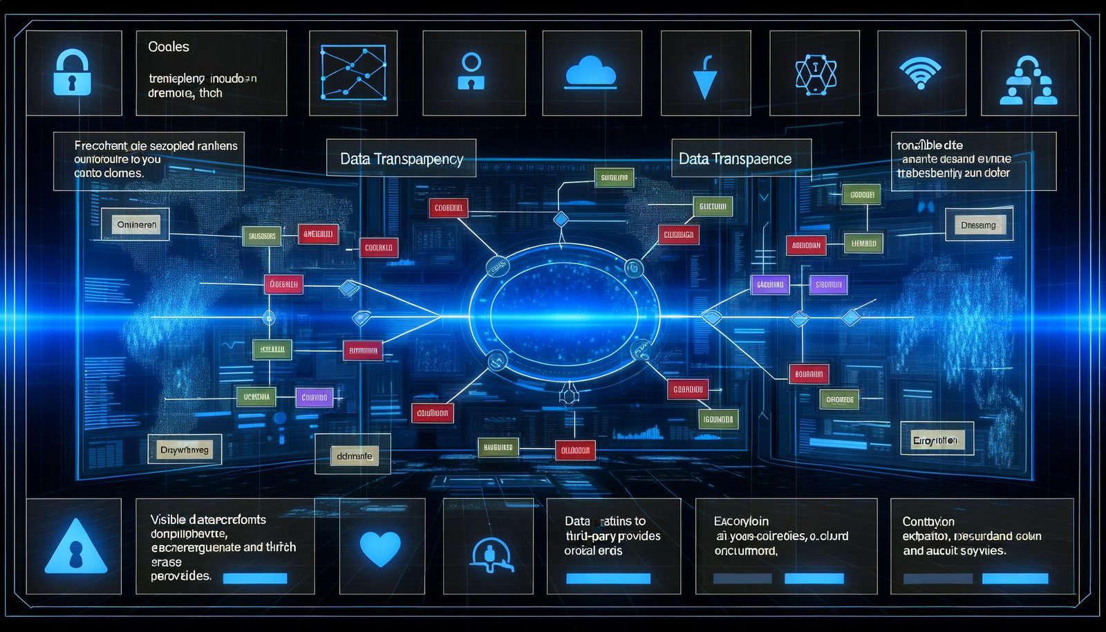 Dunkelblaues High-Tech-Interface mit offenem Dashboard zeigt komplexes, transparentes Datentransparenz-Framework, markierte Datenpunkte und sichtbare Datenflüsse zu Cloud, Drittanbietern und internen Systemen; Nutzer kontrolliert Daten mit Export- und Löschoptionen im Vordergrund.