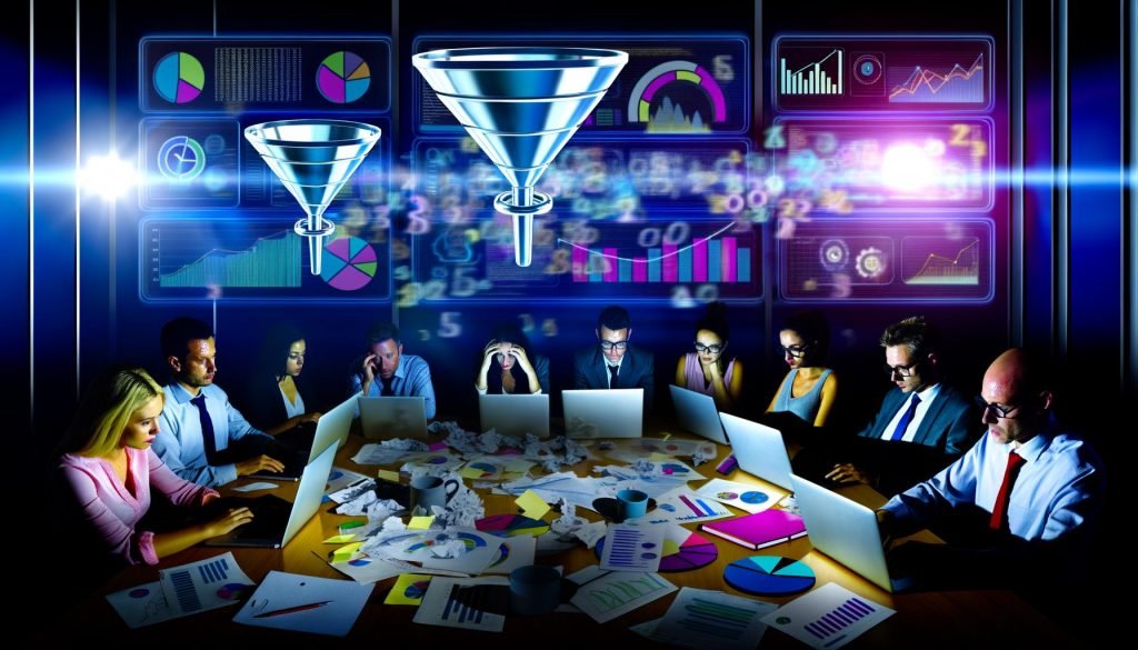 Marketingteam analysiert nachts chaotisch Daten vor futuristischen Monitoreffekten mit Funnel-Grafiken und digitalen Zahlenströmen.