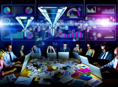 Marketingteam analysiert nachts chaotisch Daten vor futuristischen Monitoreffekten mit Funnel-Grafiken und digitalen Zahlenströmen.