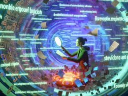 Frustrierter Online-Redakteur mit digitaler Lupe analysiert in futuristischer Umgebung glänzende, aber inhaltsleere Textbausteine und einige strahlend gehaltvolle Textstellen, umgeben von menschlichen und KI-generierten Inhalten.