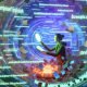 Frustrierter Online-Redakteur mit digitaler Lupe analysiert in futuristischer Umgebung glänzende, aber inhaltsleere Textbausteine und einige strahlend gehaltvolle Textstellen, umgeben von menschlichen und KI-generierten Inhalten.