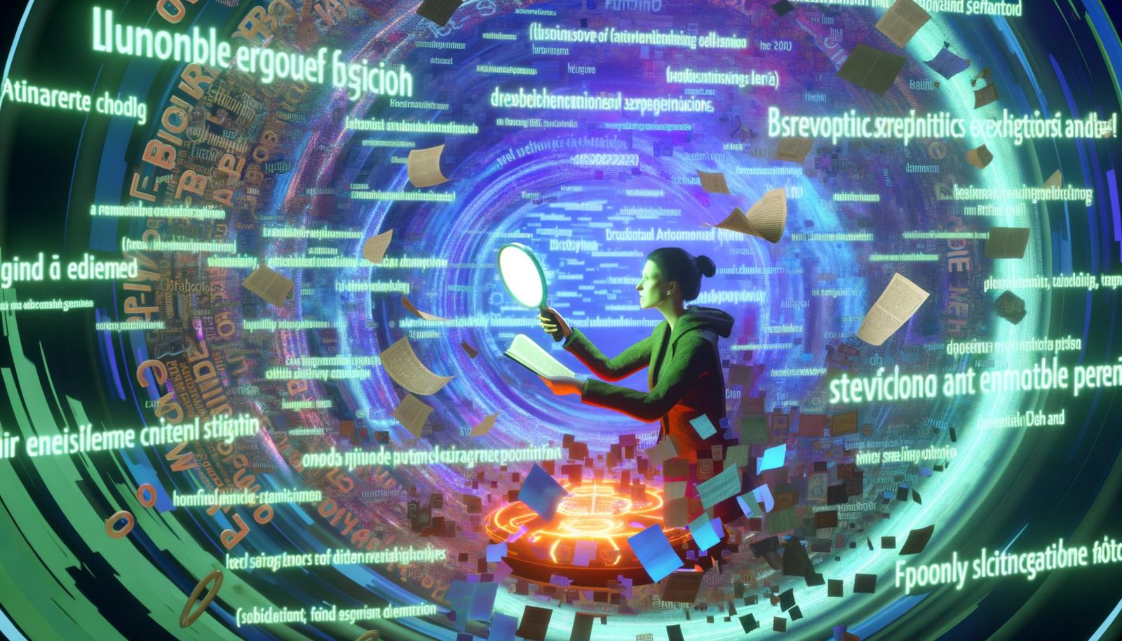 Frustrierter Online-Redakteur mit digitaler Lupe analysiert in futuristischer Umgebung glänzende, aber inhaltsleere Textbausteine und einige strahlend gehaltvolle Textstellen, umgeben von menschlichen und KI-generierten Inhalten.