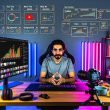 YouTuber im modernen, leicht düsteren Home-Studio vor Analyse-Tools, LED-Beleuchtung, Kamera, Mikrofon und Whiteboard mit Strategie-Diagrammen.