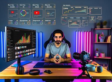 YouTuber im modernen, leicht düsteren Home-Studio vor Analyse-Tools, LED-Beleuchtung, Kamera, Mikrofon und Whiteboard mit Strategie-Diagrammen.