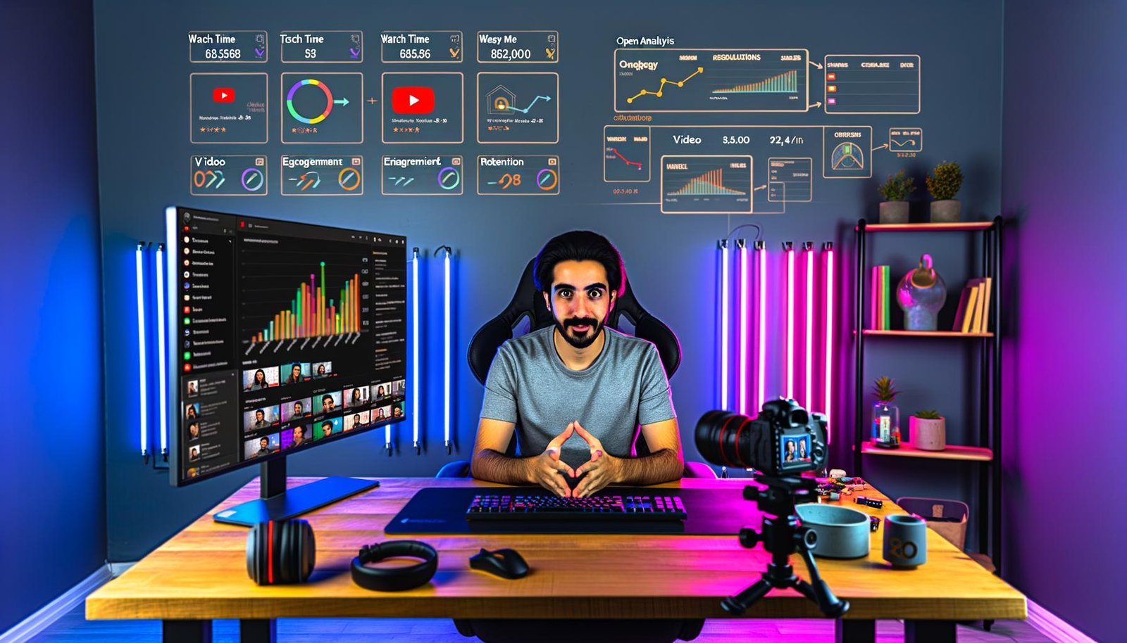 YouTuber im modernen, leicht düsteren Home-Studio vor Analyse-Tools, LED-Beleuchtung, Kamera, Mikrofon und Whiteboard mit Strategie-Diagrammen.