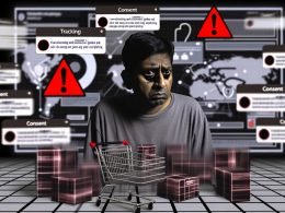 Ratloser Shopbetreiber vor Tracking-Bannern und fehlerhaften Diagrammen in einem düsteren Online-Shop mit chaotischem Dashboard.