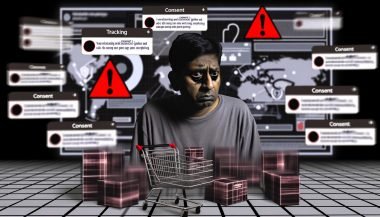 Ratloser Shopbetreiber vor Tracking-Bannern und fehlerhaften Diagrammen in einem düsteren Online-Shop mit chaotischem Dashboard.
