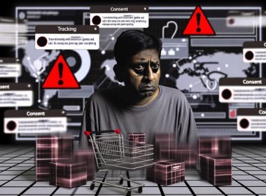 Ratloser Shopbetreiber vor Tracking-Bannern und fehlerhaften Diagrammen in einem düsteren Online-Shop mit chaotischem Dashboard.