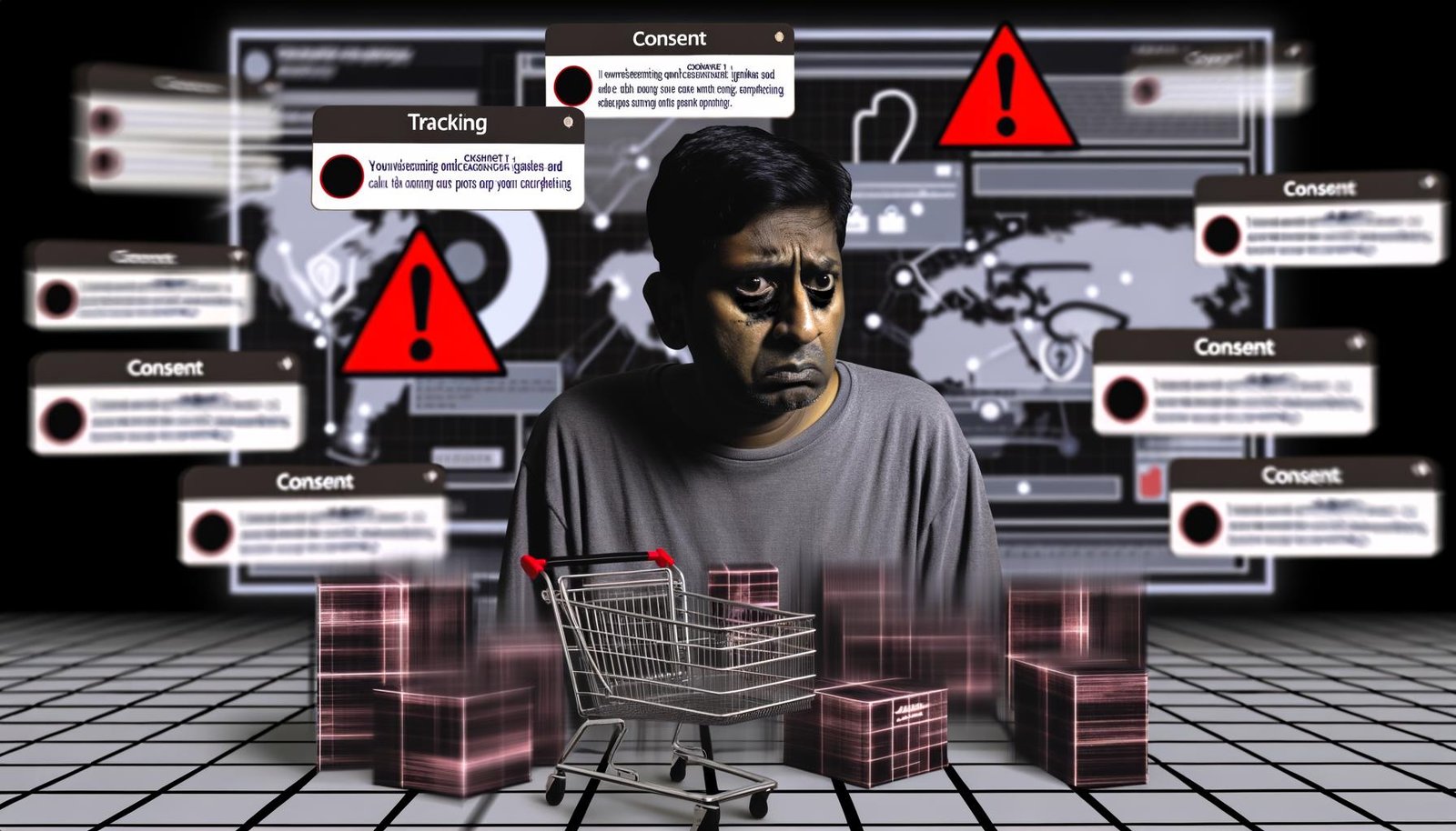 Ratloser Shopbetreiber vor Tracking-Bannern und fehlerhaften Diagrammen in einem düsteren Online-Shop mit chaotischem Dashboard.