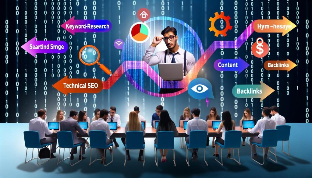 Illustrationsreihe rund um moderne SEO-Schulung 2024 mit dynamischer Header-Szene, Infografik, Workshop-Situation, Technik-Content-Cross-Sektion, Kursauswahl-Marktplatz, humorvollem SEO-Mythen-Comic und sportlicher Langstrecken-Metapher. Farbenfroh, digital und lebendig.
