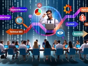 Illustrationsreihe rund um moderne SEO-Schulung 2024 mit dynamischer Header-Szene, Infografik, Workshop-Situation, Technik-Content-Cross-Sektion, Kursauswahl-Marktplatz, humorvollem SEO-Mythen-Comic und sportlicher Langstrecken-Metapher. Farbenfroh, digital und lebendig.