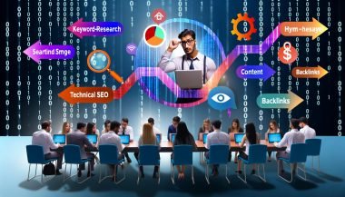 Illustrationsreihe rund um moderne SEO-Schulung 2024 mit dynamischer Header-Szene, Infografik, Workshop-Situation, Technik-Content-Cross-Sektion, Kursauswahl-Marktplatz, humorvollem SEO-Mythen-Comic und sportlicher Langstrecken-Metapher. Farbenfroh, digital und lebendig.