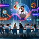 Illustrationsreihe rund um moderne SEO-Schulung 2024 mit dynamischer Header-Szene, Infografik, Workshop-Situation, Technik-Content-Cross-Sektion, Kursauswahl-Marktplatz, humorvollem SEO-Mythen-Comic und sportlicher Langstrecken-Metapher. Farbenfroh, digital und lebendig.