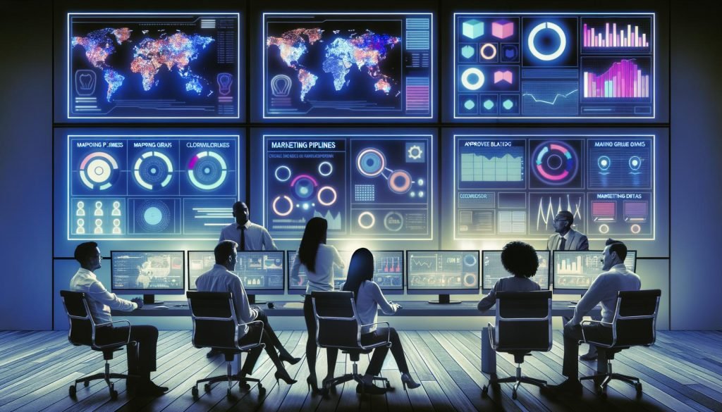 Team arbeitet fokussiert in einem modernen E-Commerce Kontrollzentrum mit großen Monitoren, farbenfrohen Dashboards und Marketing-Analysen.
