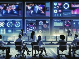 Team arbeitet fokussiert in einem modernen E-Commerce Kontrollzentrum mit großen Monitoren, farbenfrohen Dashboards und Marketing-Analysen.