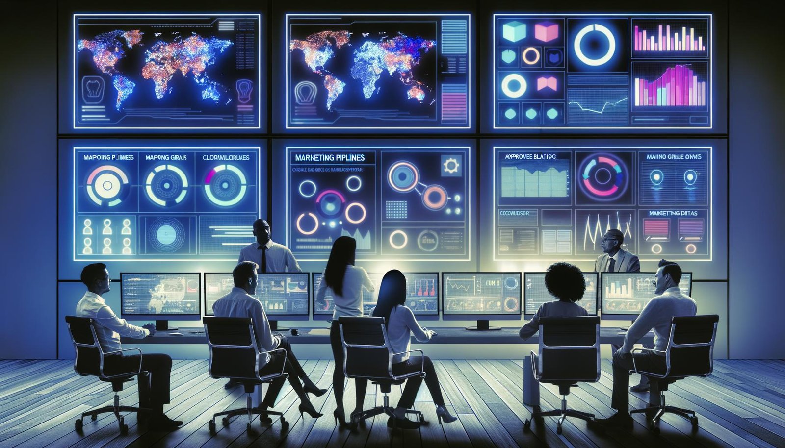Team arbeitet fokussiert in einem modernen E-Commerce Kontrollzentrum mit großen Monitoren, farbenfrohen Dashboards und Marketing-Analysen.