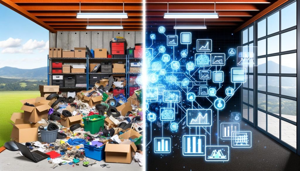 Visualisierung einer chaotisch überfüllten Garage mit Daten und einer klar organisierten Datenzentrale als Kontrast vom Datenchaos zur Transparenz.