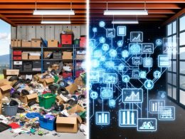 Visualisierung einer chaotisch überfüllten Garage mit Daten und einer klar organisierten Datenzentrale als Kontrast vom Datenchaos zur Transparenz.