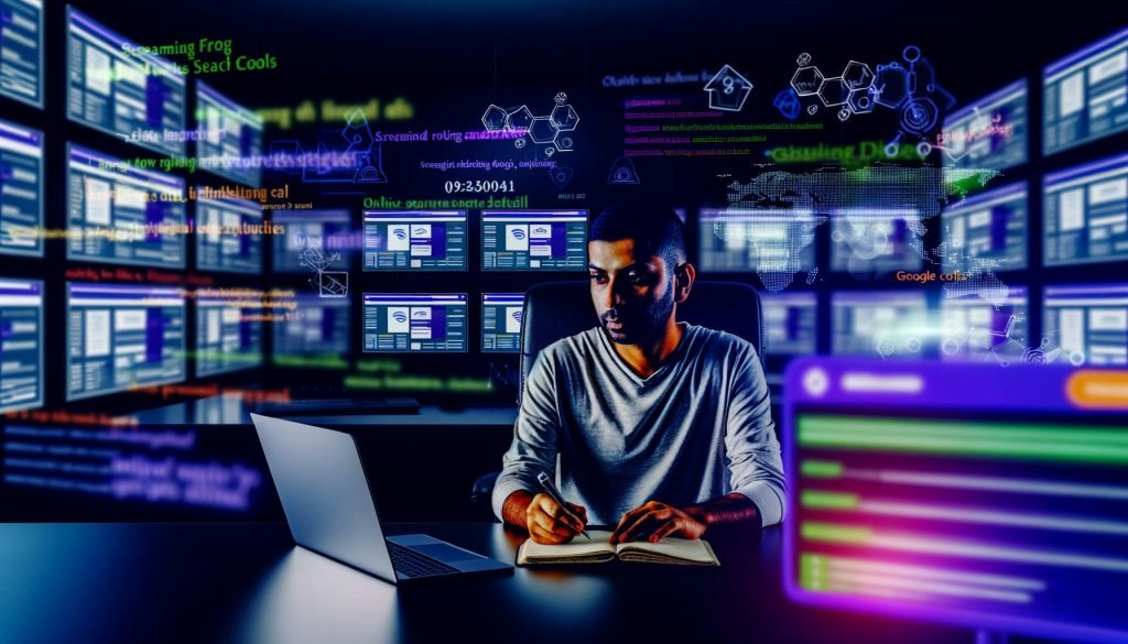 Fokussierter Online-Marketing-Profi im modernen, dunklen Büro vor Laptops und Monitoren mit komplexen SEO-Dashboards, umgeben von digitalen Icons führender SEO-Tools.