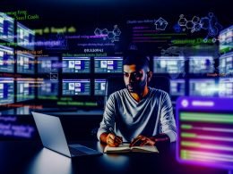 Fokussierter Online-Marketing-Profi im modernen, dunklen Büro vor Laptops und Monitoren mit komplexen SEO-Dashboards, umgeben von digitalen Icons führender SEO-Tools.