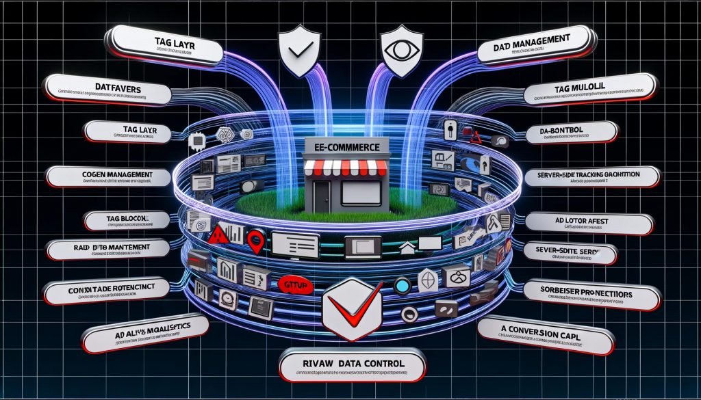 Moderne, dynamische Darstellung einer typischen E-Commerce-Tracking-Landschaft 2024 mit Shop-Frontend, Datenströmen, Server-Side-Tracking, Analytics-Tools, Privacy- und Cloud-Icons sowie Browser-Schutzmechanismen.
