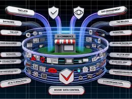 Moderne, dynamische Darstellung einer typischen E-Commerce-Tracking-Landschaft 2024 mit Shop-Frontend, Datenströmen, Server-Side-Tracking, Analytics-Tools, Privacy- und Cloud-Icons sowie Browser-Schutzmechanismen.