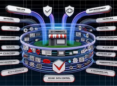 Moderne, dynamische Darstellung einer typischen E-Commerce-Tracking-Landschaft 2024 mit Shop-Frontend, Datenströmen, Server-Side-Tracking, Analytics-Tools, Privacy- und Cloud-Icons sowie Browser-Schutzmechanismen.