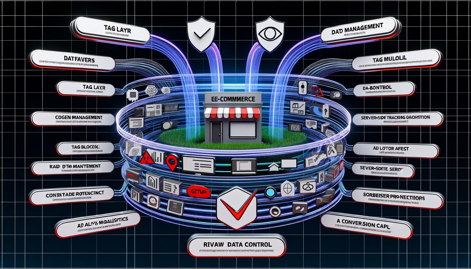 Moderne, dynamische Darstellung einer typischen E-Commerce-Tracking-Landschaft 2024 mit Shop-Frontend, Datenströmen, Server-Side-Tracking, Analytics-Tools, Privacy- und Cloud-Icons sowie Browser-Schutzmechanismen.