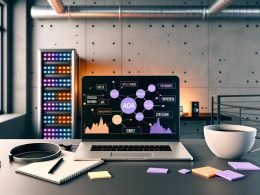 Minimalistisch gestalteter Loft-Schreibtisch mit Laptop, Affiliate-Analysen, SEO-Charts, strukturierten Notizen, Tech-Gadgets, Mikrofon und leuchtendem Server-Rack im Hintergrund