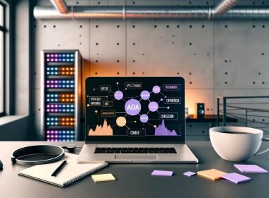 Minimalistisch gestalteter Loft-Schreibtisch mit Laptop, Affiliate-Analysen, SEO-Charts, strukturierten Notizen, Tech-Gadgets, Mikrofon und leuchtendem Server-Rack im Hintergrund