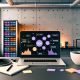 Minimalistisch gestalteter Loft-Schreibtisch mit Laptop, Affiliate-Analysen, SEO-Charts, strukturierten Notizen, Tech-Gadgets, Mikrofon und leuchtendem Server-Rack im Hintergrund
