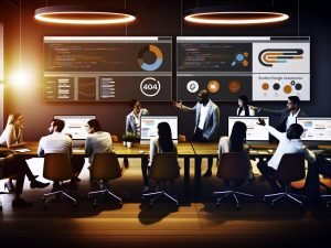 Digital Marketing Profis im modernen Büro von Sumax diskutieren an Monitoren mit Datenanalysen und Strategien