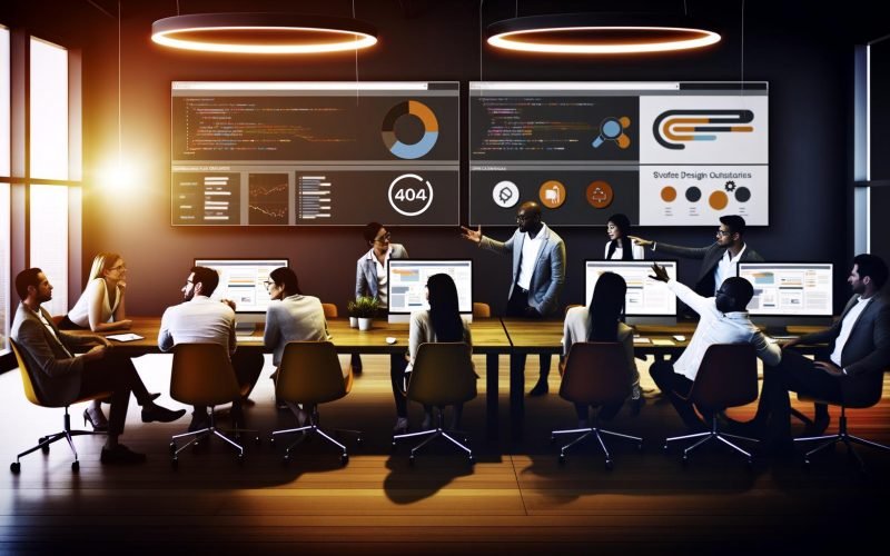 Digital Marketing Profis im modernen Büro von Sumax diskutieren an Monitoren mit Datenanalysen und Strategien