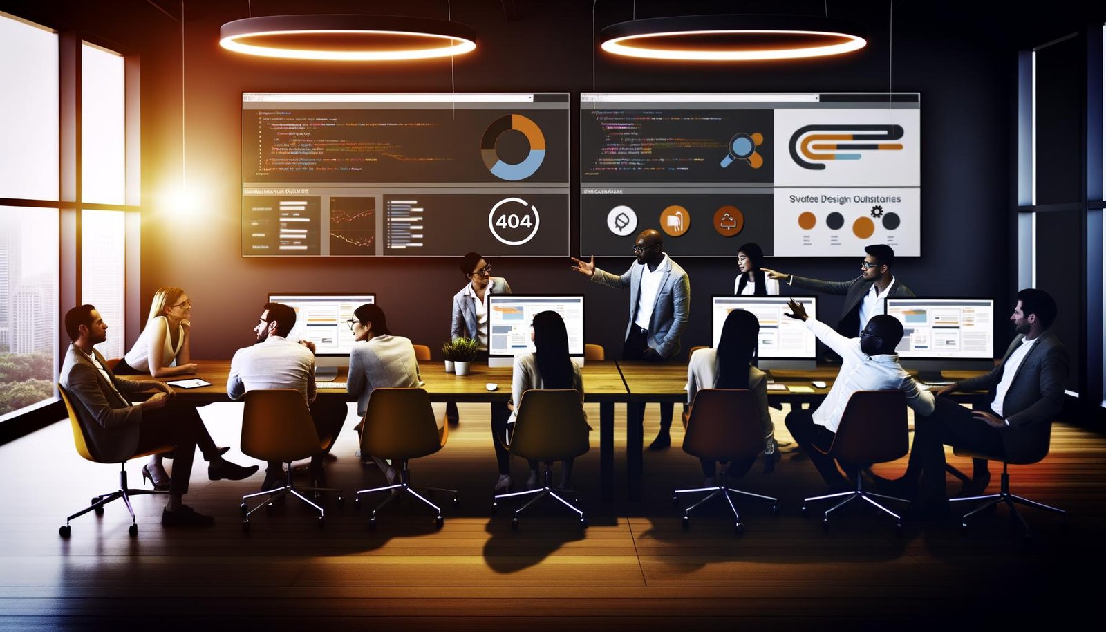Digital Marketing Profis im modernen Büro von Sumax diskutieren an Monitoren mit Datenanalysen und Strategien