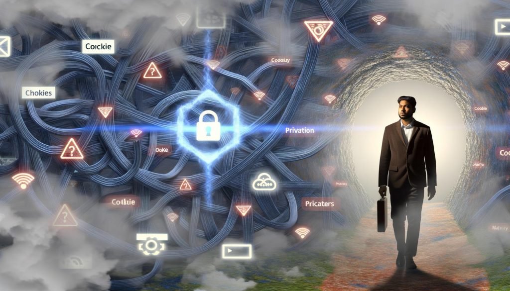 Digitaler Nebel mit Marketer, Labyrinth aus Datenleitungen, Cookie-Bannern und einem hellen Kontroll-Dashboard, das Transparenz schafft.