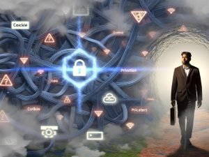 Digitaler Nebel mit Marketer, Labyrinth aus Datenleitungen, Cookie-Bannern und einem hellen Kontroll-Dashboard, das Transparenz schafft.