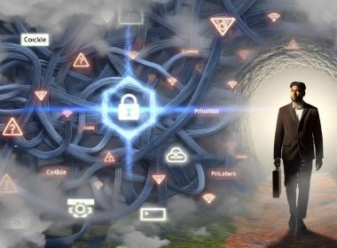 Digitaler Nebel mit Marketer, Labyrinth aus Datenleitungen, Cookie-Bannern und einem hellen Kontroll-Dashboard, das Transparenz schafft.