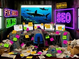 Ein müder Blogger sitzt in einem unordentlichen Arbeitszimmer voller alter Technik, Notizen mit SEO-Aufgaben, Plugin-Warnungen und Haiflossen im Fenster, während moderne SEO-Stichwörter an der Wand hängen.