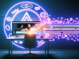 Kreativer YouTube-Creator am modernen Videoschnittplatz im Neonlicht mit offenen Timelines, Symbolen für Algorithmus, SEO und Analytics im 404 Magazine Signature-Stil