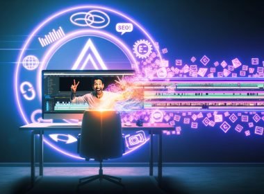 Kreativer YouTube-Creator am modernen Videoschnittplatz im Neonlicht mit offenen Timelines, Symbolen für Algorithmus, SEO und Analytics im 404 Magazine Signature-Stil
