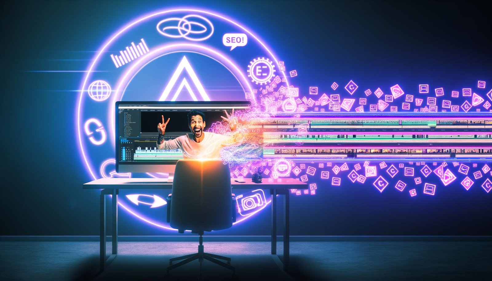 Kreativer YouTube-Creator am modernen Videoschnittplatz im Neonlicht mit offenen Timelines, Symbolen für Algorithmus, SEO und Analytics im 404 Magazine Signature-Stil