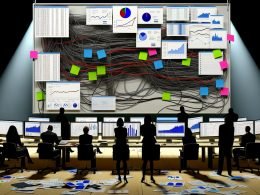 Chaotisch verstellter Schreibtisch mit mehreren Monitoren, überlappenden Dashboards, verstreuten Notizen und einer beleuchteten klaren Datenpipeline im Hintergrund.