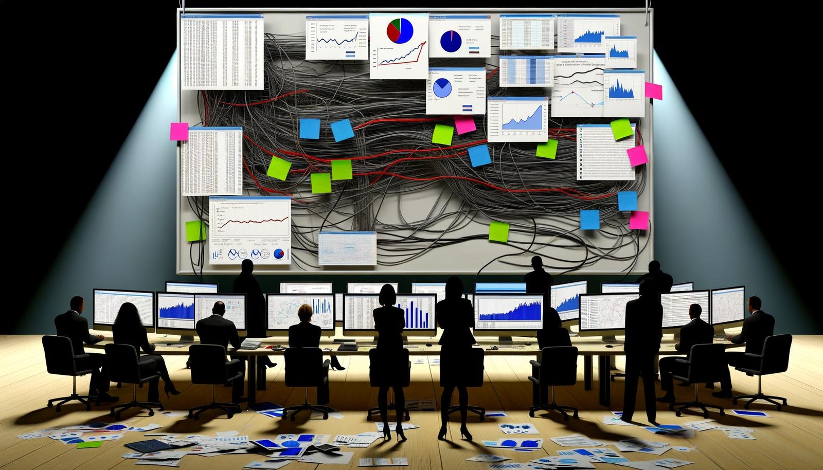 Chaotisch verstellter Schreibtisch mit mehreren Monitoren, überlappenden Dashboards, verstreuten Notizen und einer beleuchteten klaren Datenpipeline im Hintergrund.